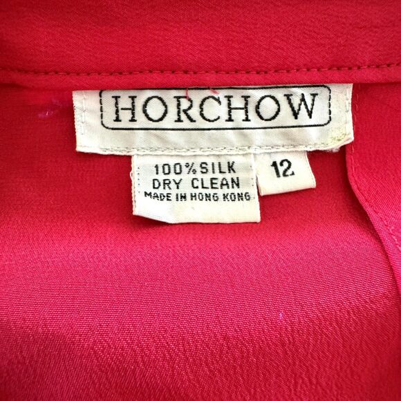 Vintage Horchow Sz 12 Dress 100% Silk Red With Black Accents Drop Waist Sh Pads - Picture 15 of 16